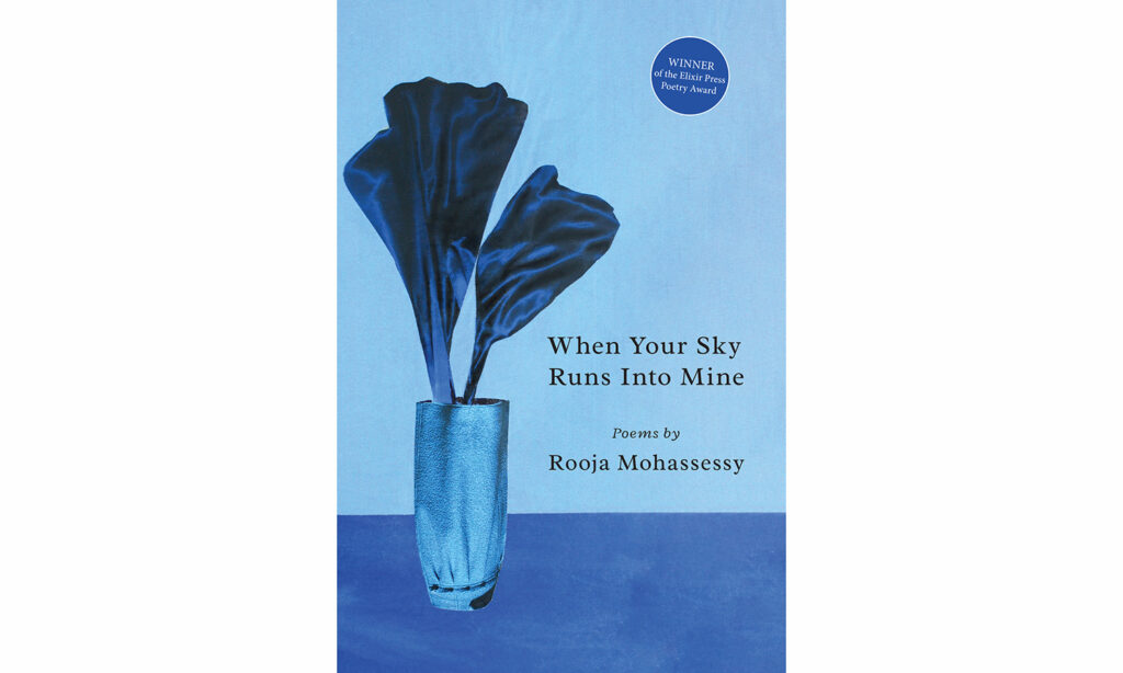Book cover--dark blue flower in a vase against a light blue background