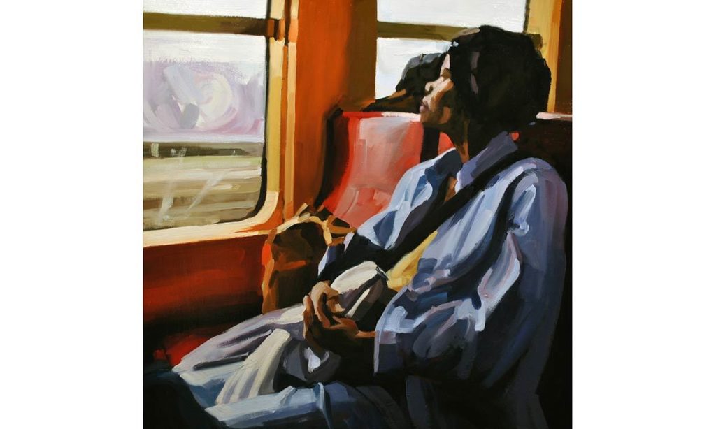 Woman on a Train - oil on wood panel, 20" x 20", 2014