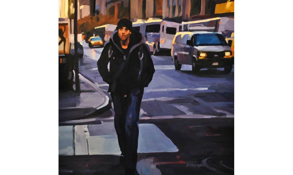 Young Man Walking, East 23rd  St. - oil on wood panel, 24" x 24", 2014