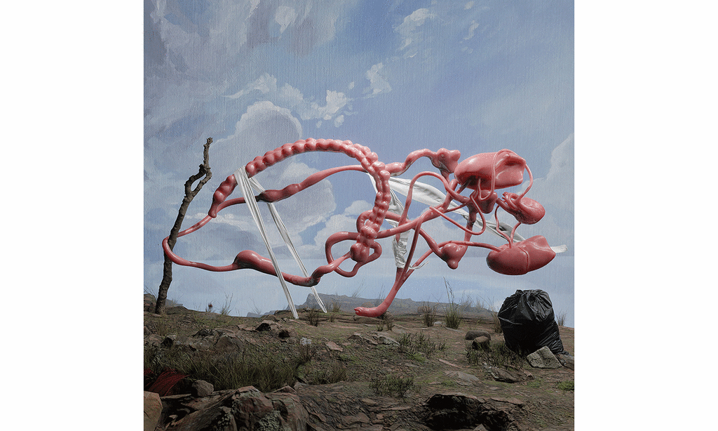 artwork depicting human "Guts" attached to a stick and blowing in the wind