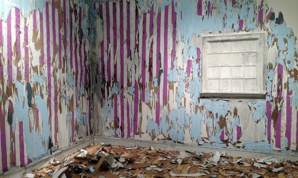 Parents' Bedroom, 2014 - Paper, latex and acrylic paint, foamcore, wallpaper paste, Tyvek, staples; 14' x 14' x 11'