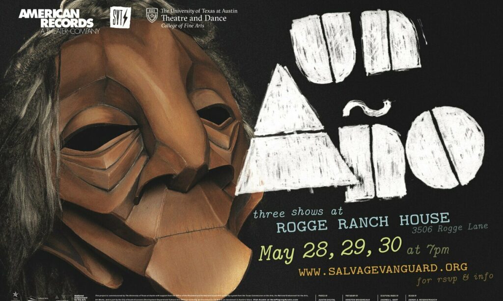 Poster for the play Un Ano by JK Sanchez, The poster features a mask of a woman's face